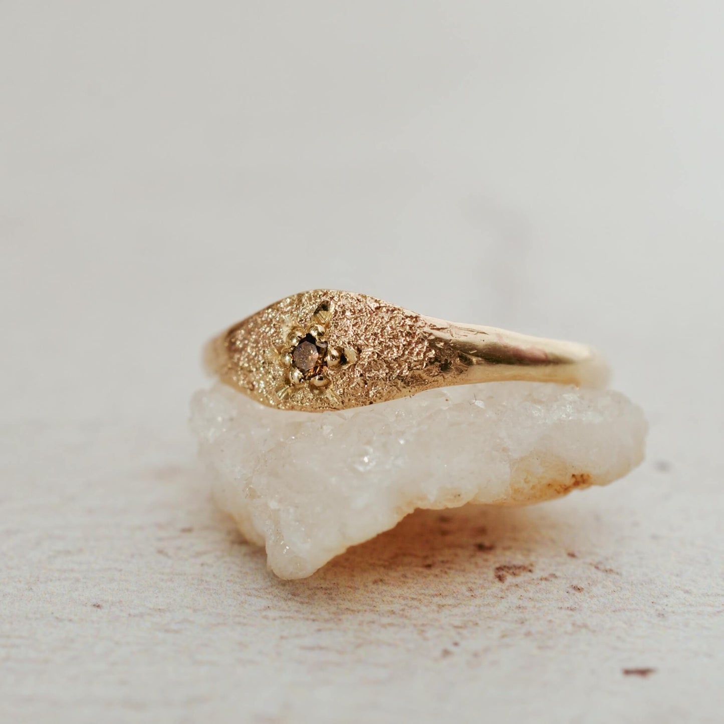 Raw Textured Ring with Cognac Diamond, Gold
