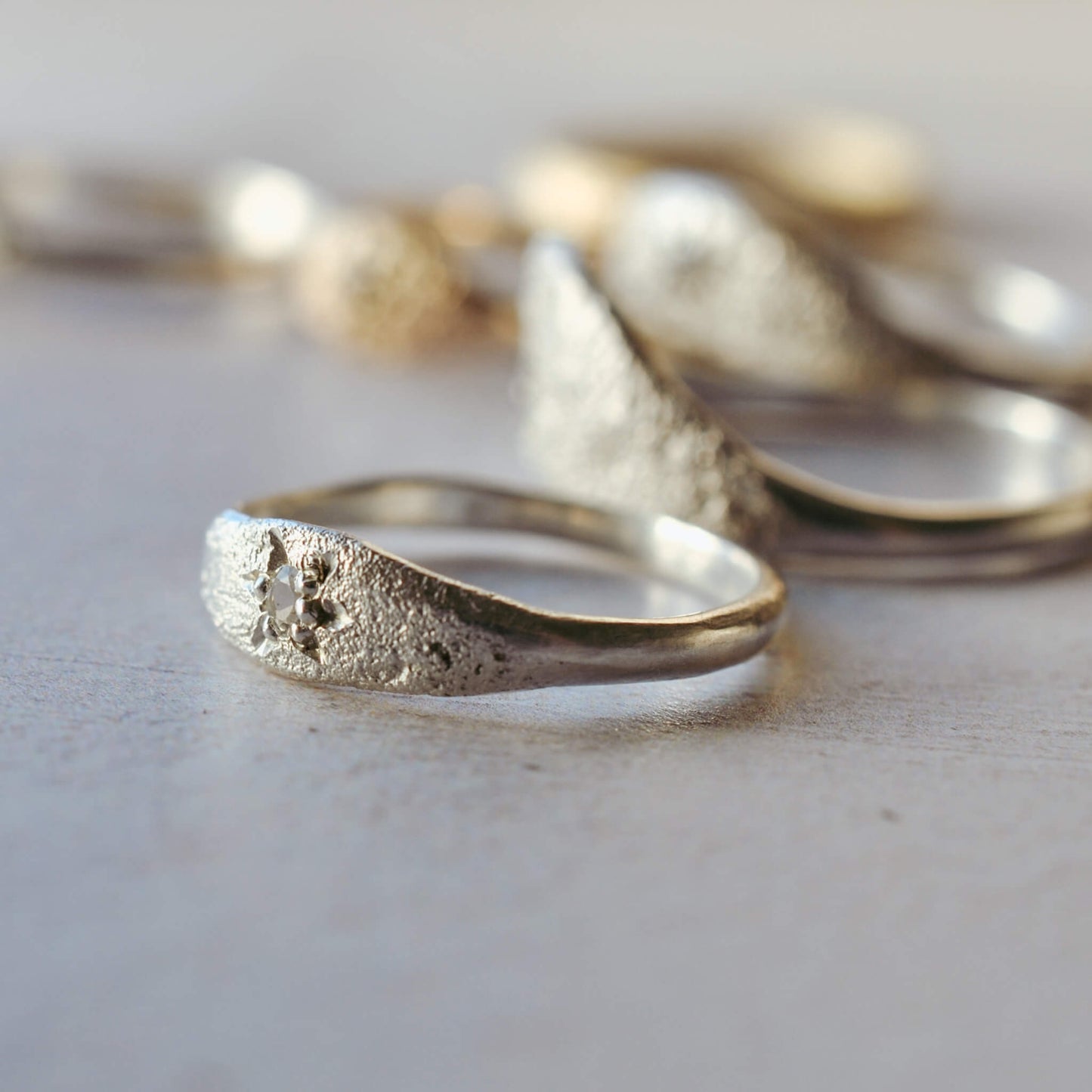 Raw Textured Ring with White Sapphire, Silver