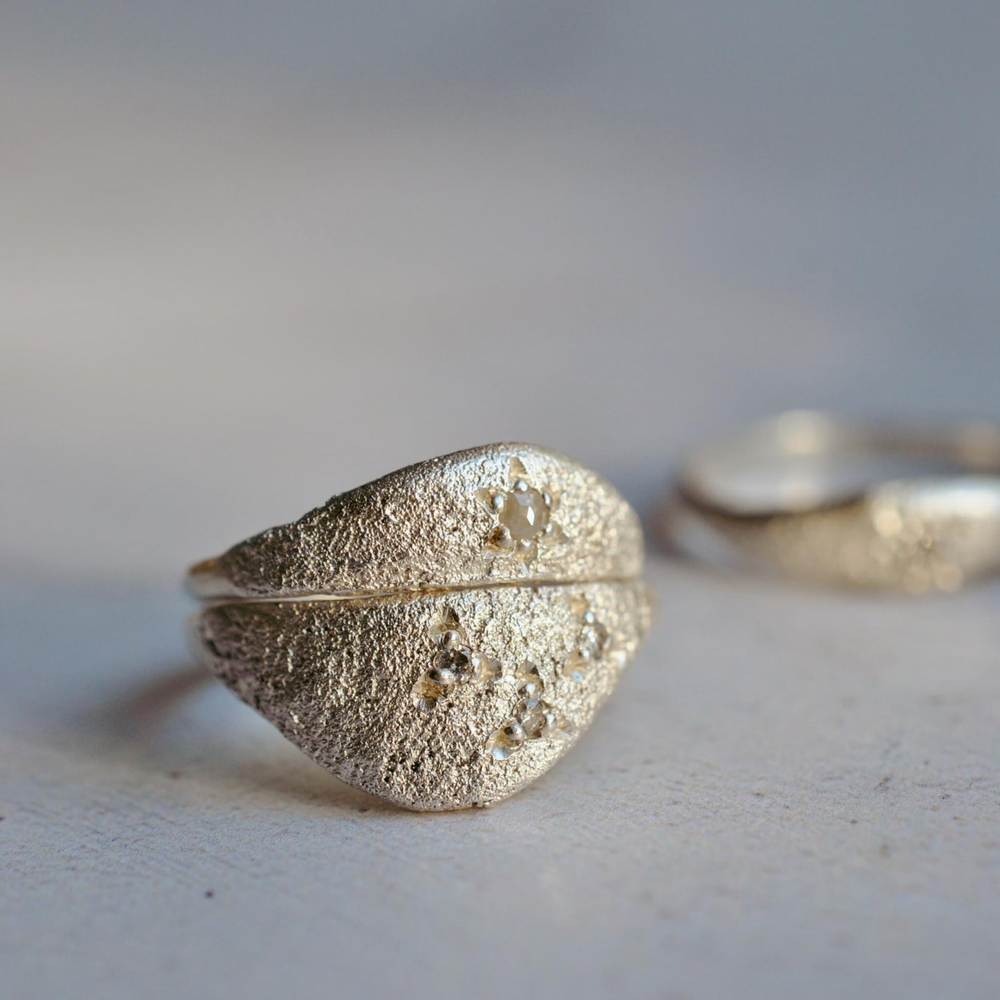 Textured Half Shield Ring with Salt and Pepper Diamonds, Silver