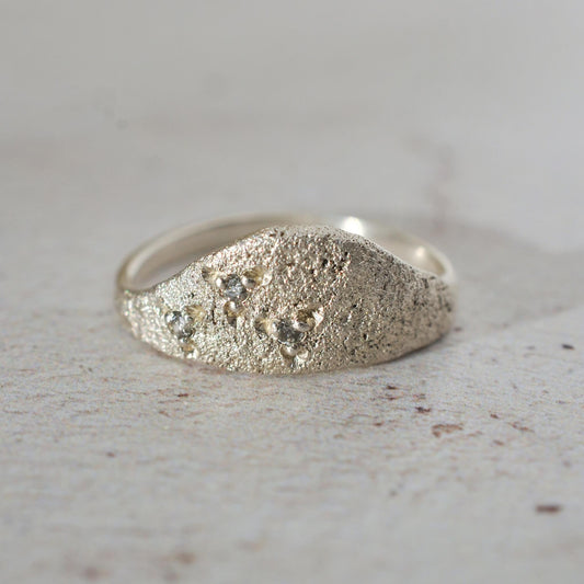 Textured Half Shield Ring with Salt and Pepper Diamonds, Silver