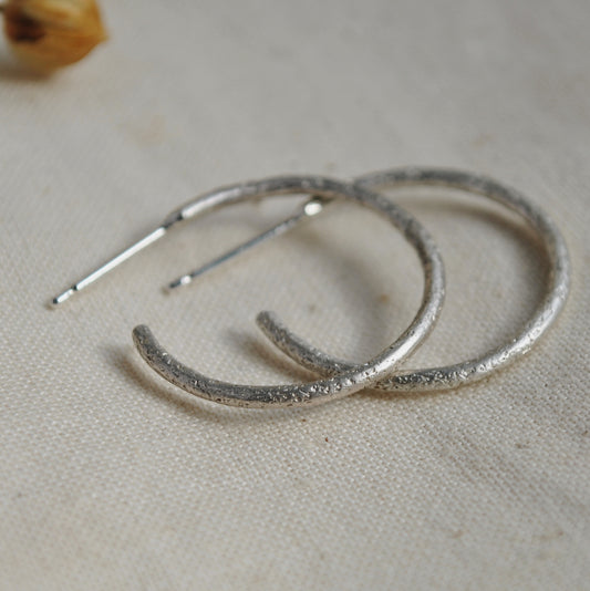 Silver textured hoops, medium